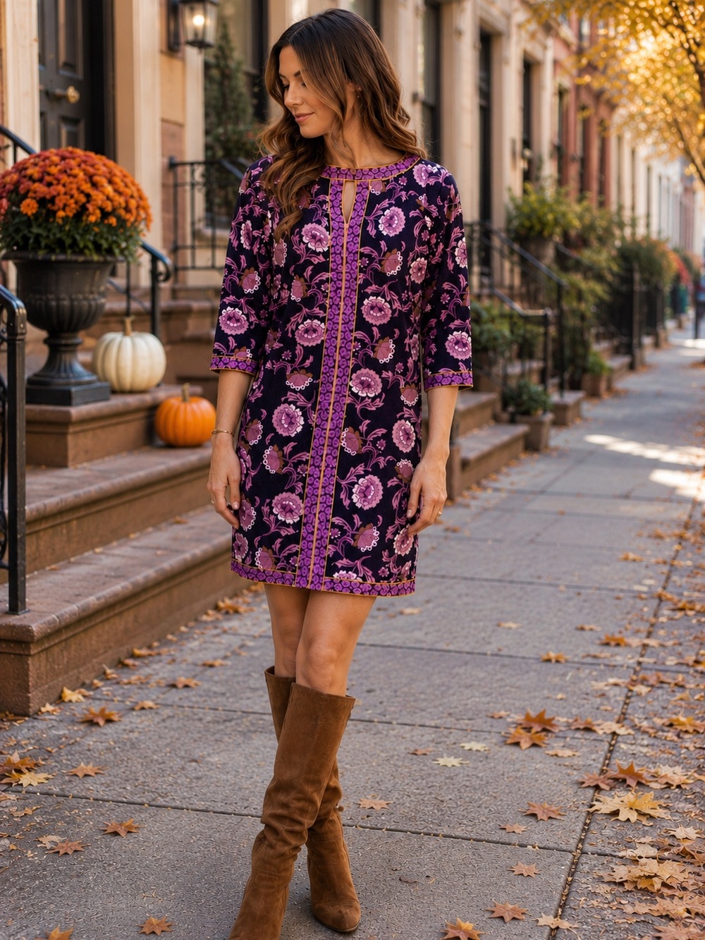 Wisp Floral Border Print Keyhole Shift Dress Purple Gold Size 2 Boho